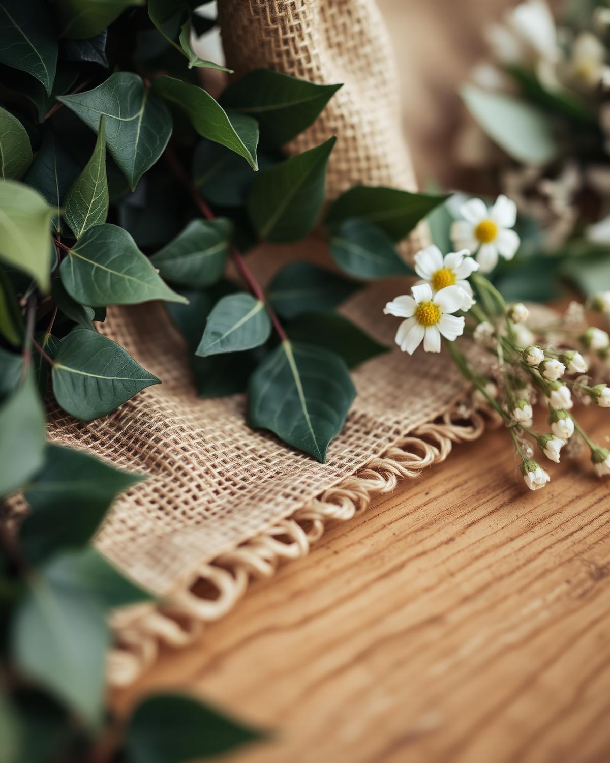 Murgröna, jute och små vita blommor på trä